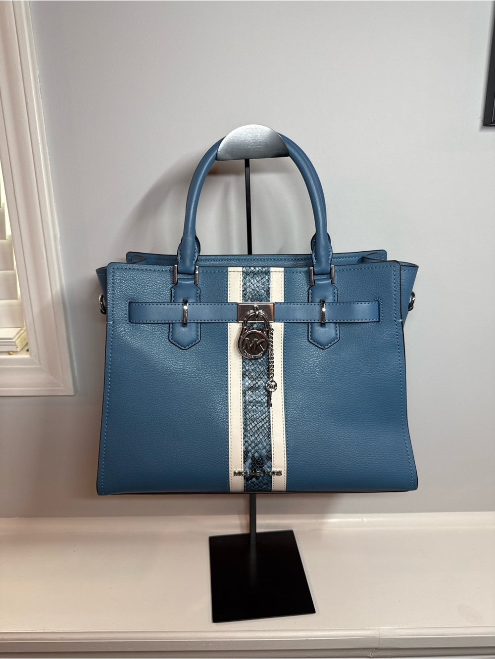 Michael Kors Hamilton Medium Leather and Snake Embossed Stripe Satchel